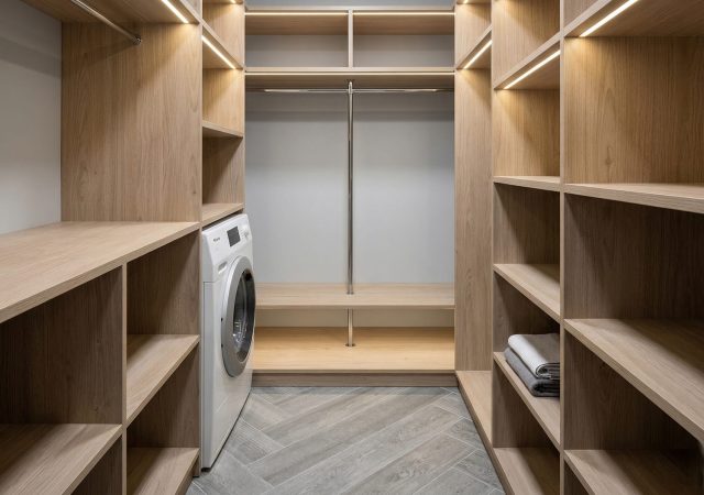 Современная гардеробная с продуманной системой хранения